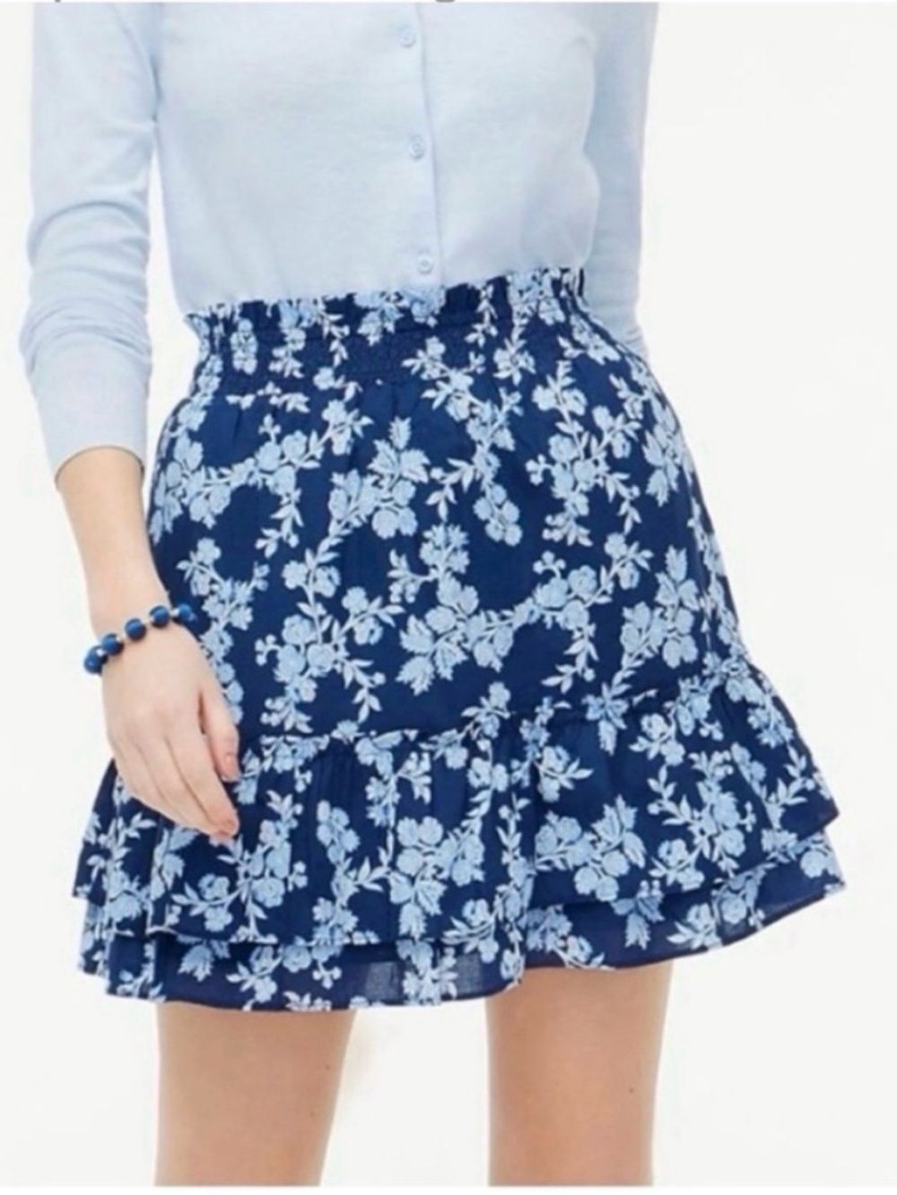 J Crew Ruffle smocked-waist mini skirt Antique Navy White Floral Cotton Small